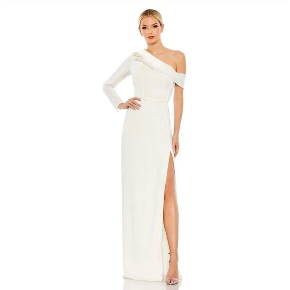 Mac Duggal Ieena Formal Evening Gown Womens 8 White Satin Dress Wedding Party